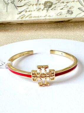 Tory Burch Kira Gold Logo Red Enamel Thin Cuff Bracelet
